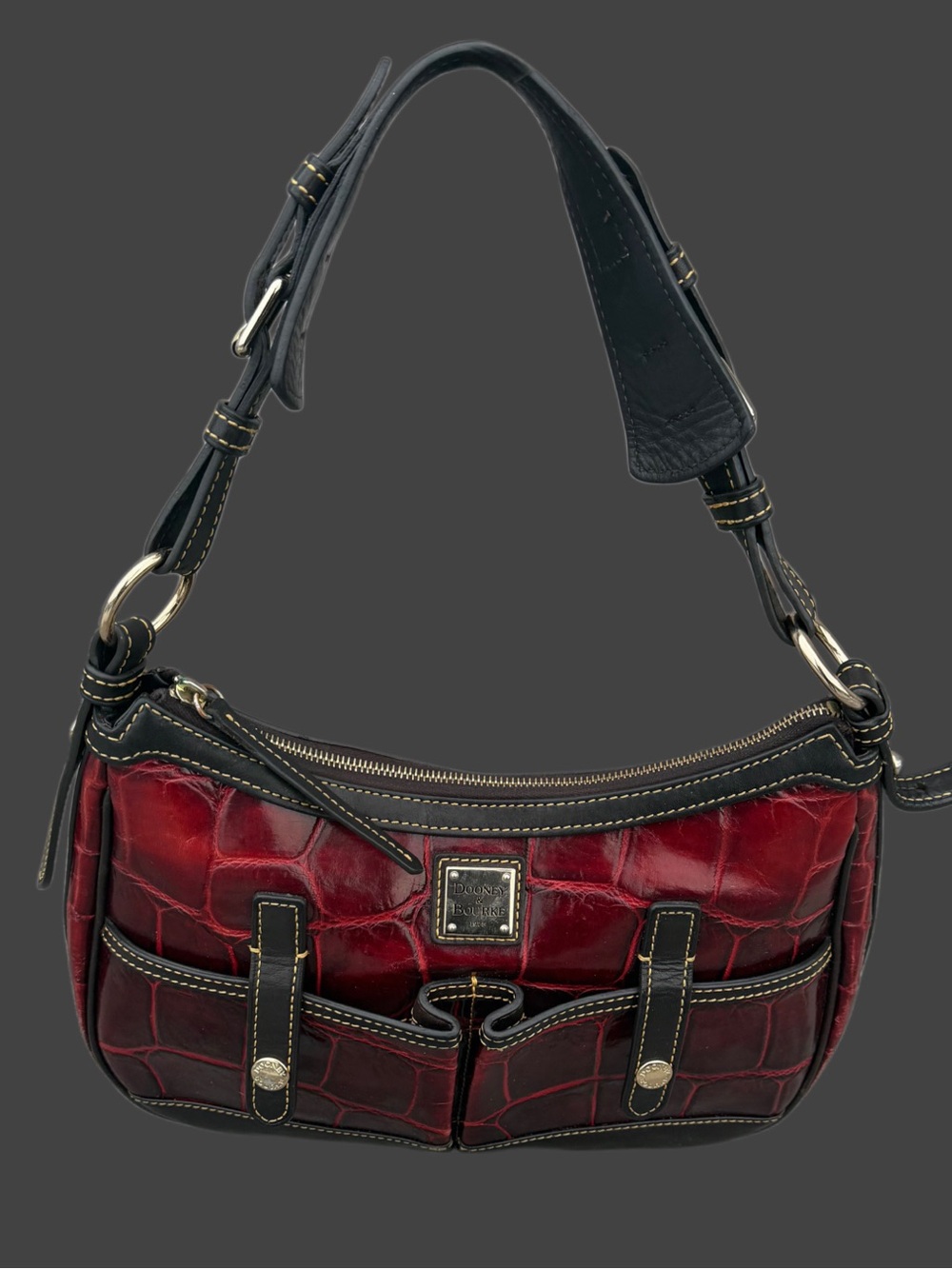 Vintage Dooney & Bourke Croc Embossed Leather Safari Hobo Shoulder Bag Red